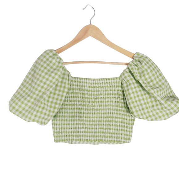 Mimosa, Crop Top,  Green/White Gingham Check, Puffy Sleeves, Small Western Style - Picture 4 of 13